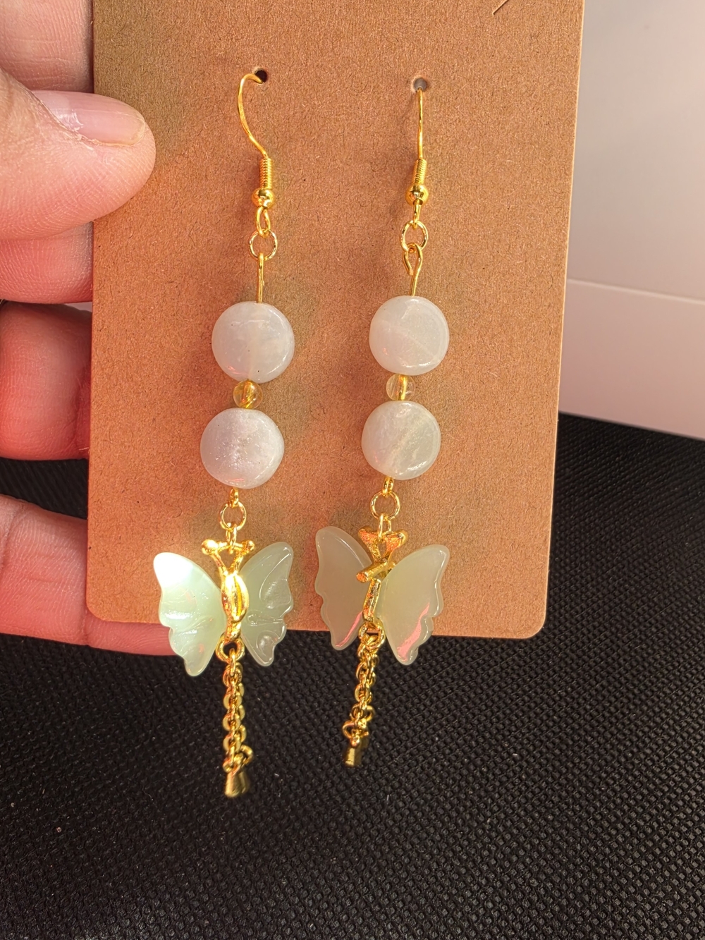 Gold-Tone Butterfly Drop Earrings with Iridescent Green Jade Beads